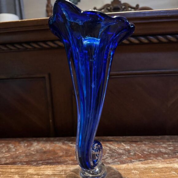 Sabina Glassworks Poland Art Glass Vase Cornucopia 11” Cobalt Blue HandBlown NEW - Picture 2 of 5